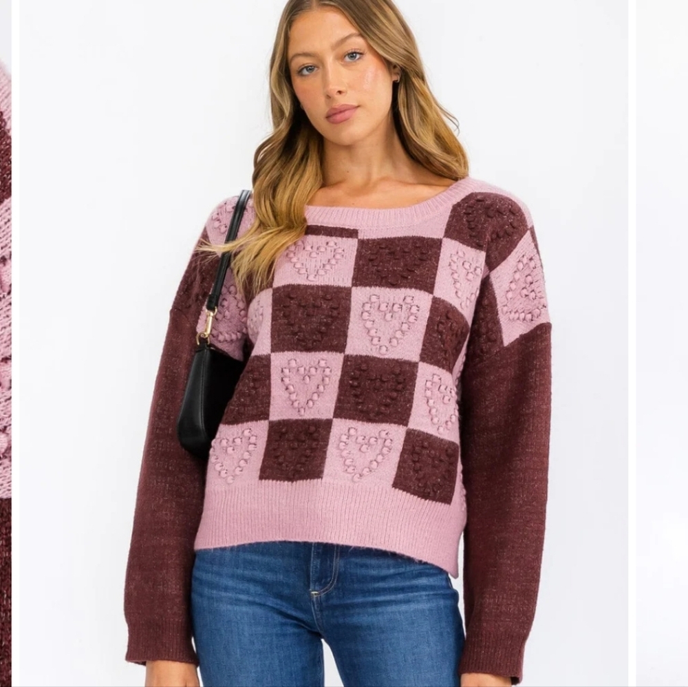 Heart Checkered Colorblock Sweater - Picture 3 of 4